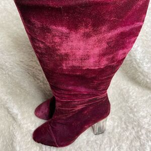 Ashley Stewart Fabric suede Burgundy knee high clear heel boots SZ9W